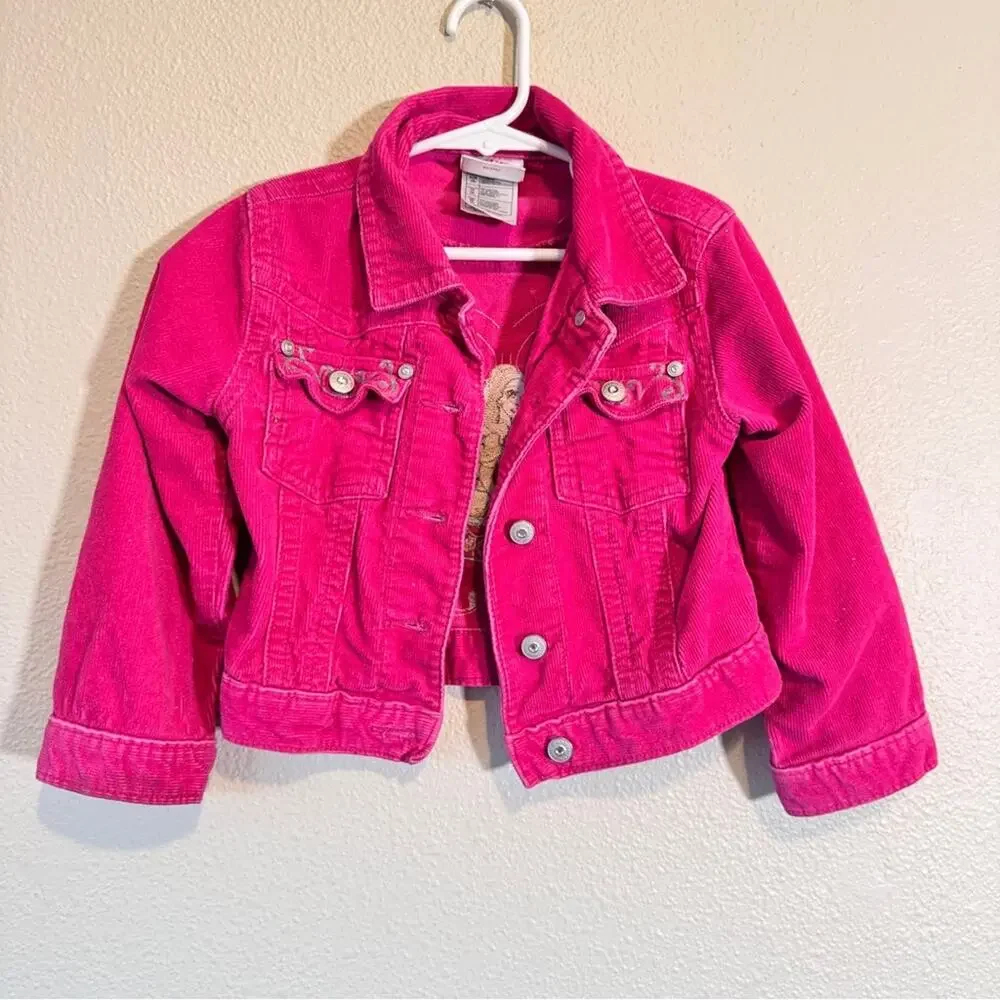 Vintage Disney Y2K Pink Glitter Corduroy Princess Embroidered Jacket Girls XS 4T